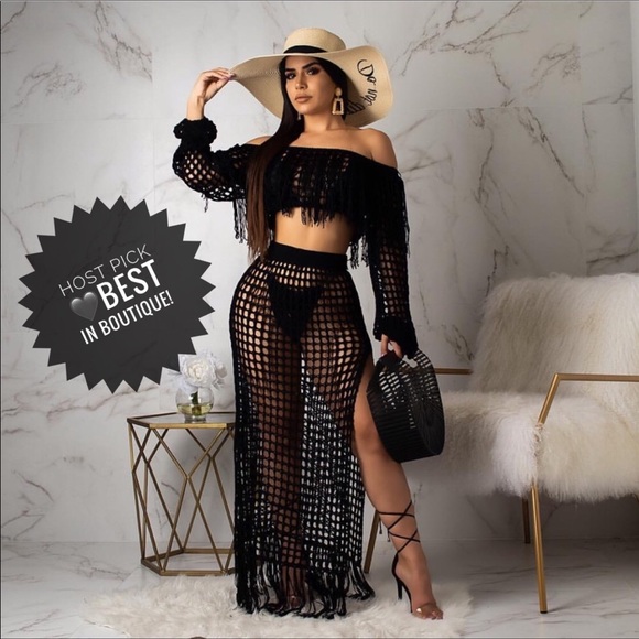 Other - Beach Cover Up Crochet Knit Black Maxi Skirt Set